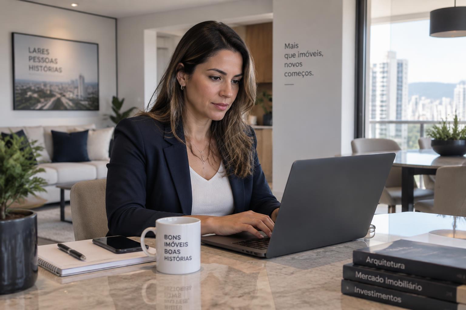 Corretora de imóveis trabalhando no notebook com o CRM Liranda